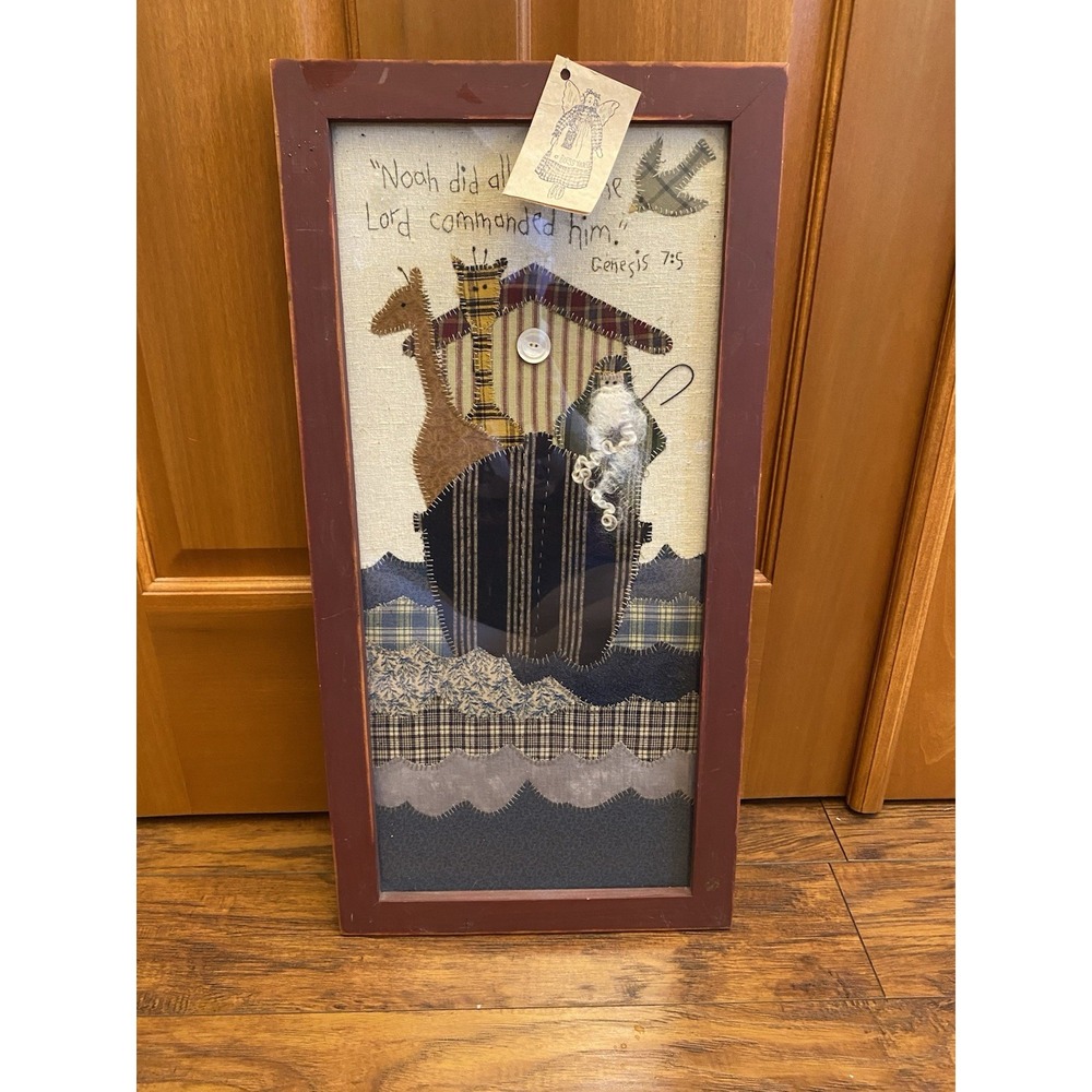 Handmade Framed Folk Art Noah Appliqué Embroidered Primitive Nursery Rustic 24"